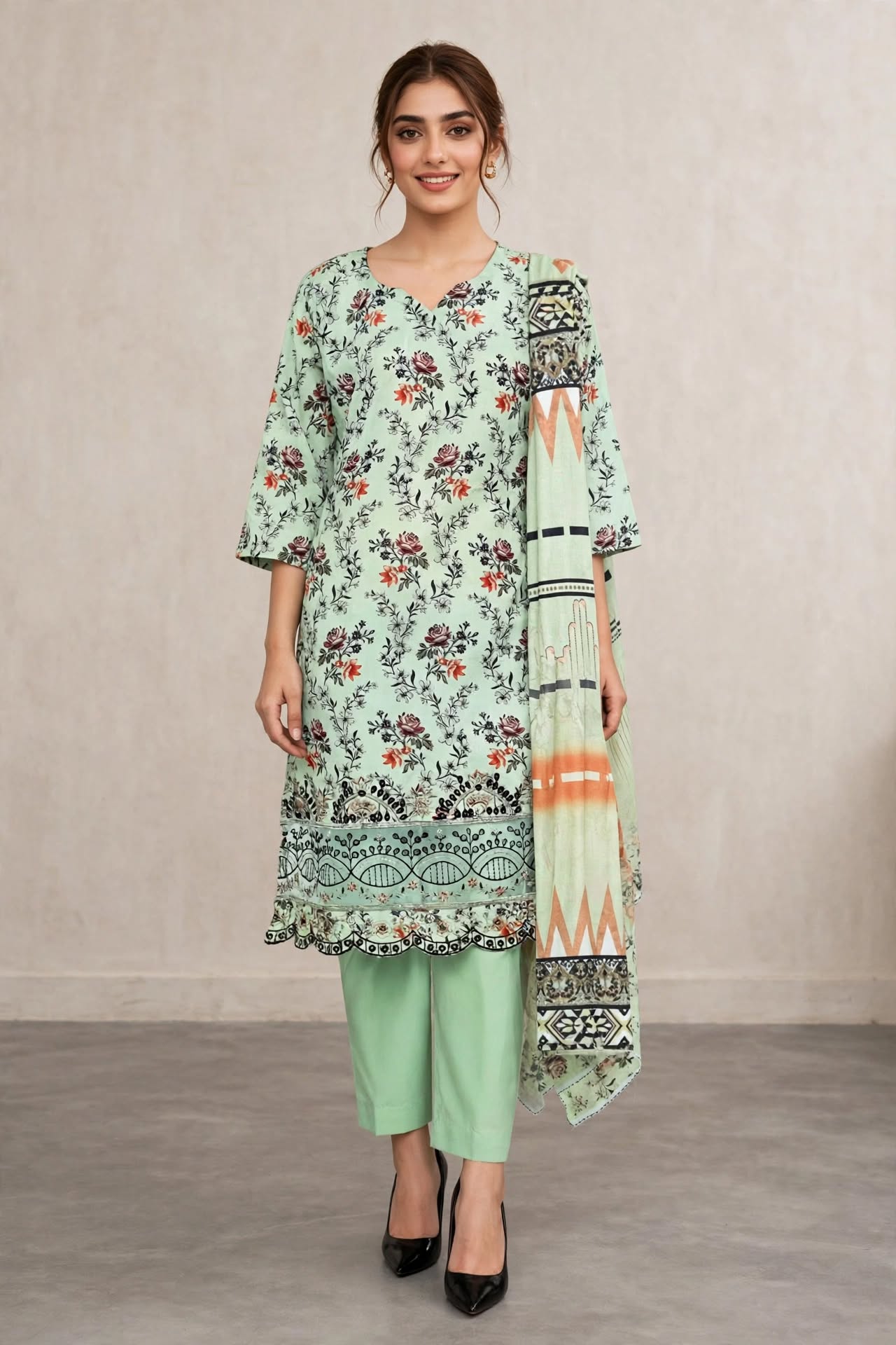 Unstitched 3-Piece Elegant Mint Green Floral Printed 3-Piece Lawn Suit