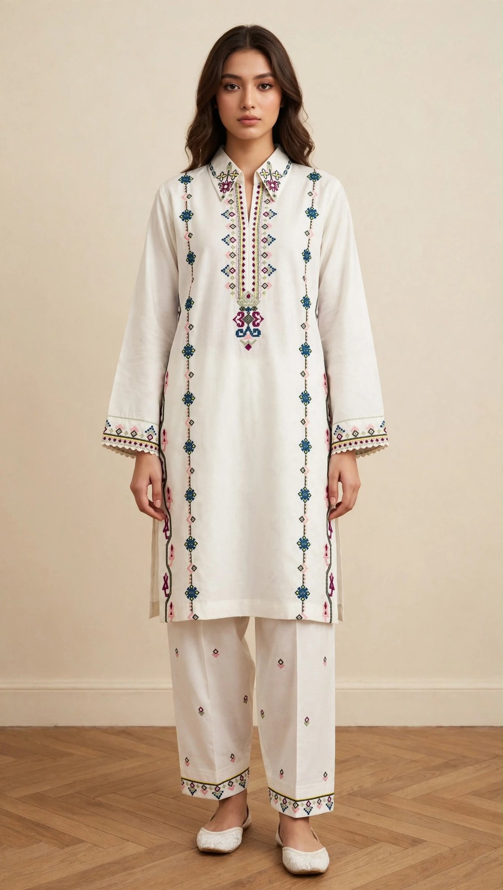 Stitch Off-White Geometric Embroidered Kurta & Trouser Set