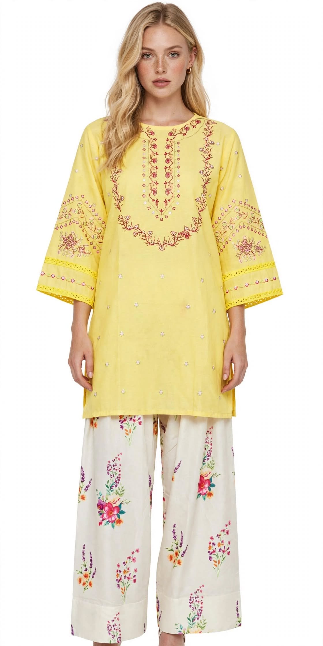 Stitched 2-Piece Elegant Lemon Yellow Chikankari Embroidered Tunic & Floral Wide-Leg Shalwar Set